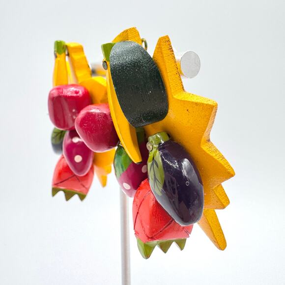 Vintage Huge Fruit Salad Earrings Hand Painted Wood Kitschy Funny Gaudy Wacky - Picture 5 of 12